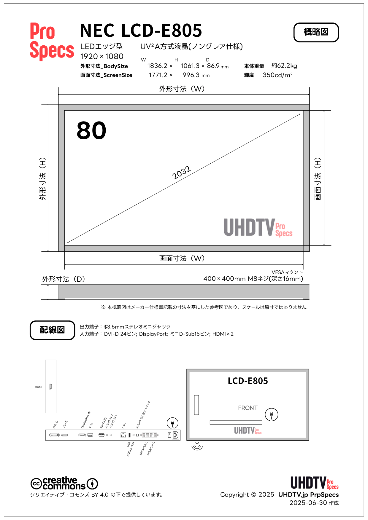 NEC LCD-E805 仕様・概略図 - lcd e805 lcd e805 - NEC LCD-E805 仕様・概略図 - UHDTV ProSpecs