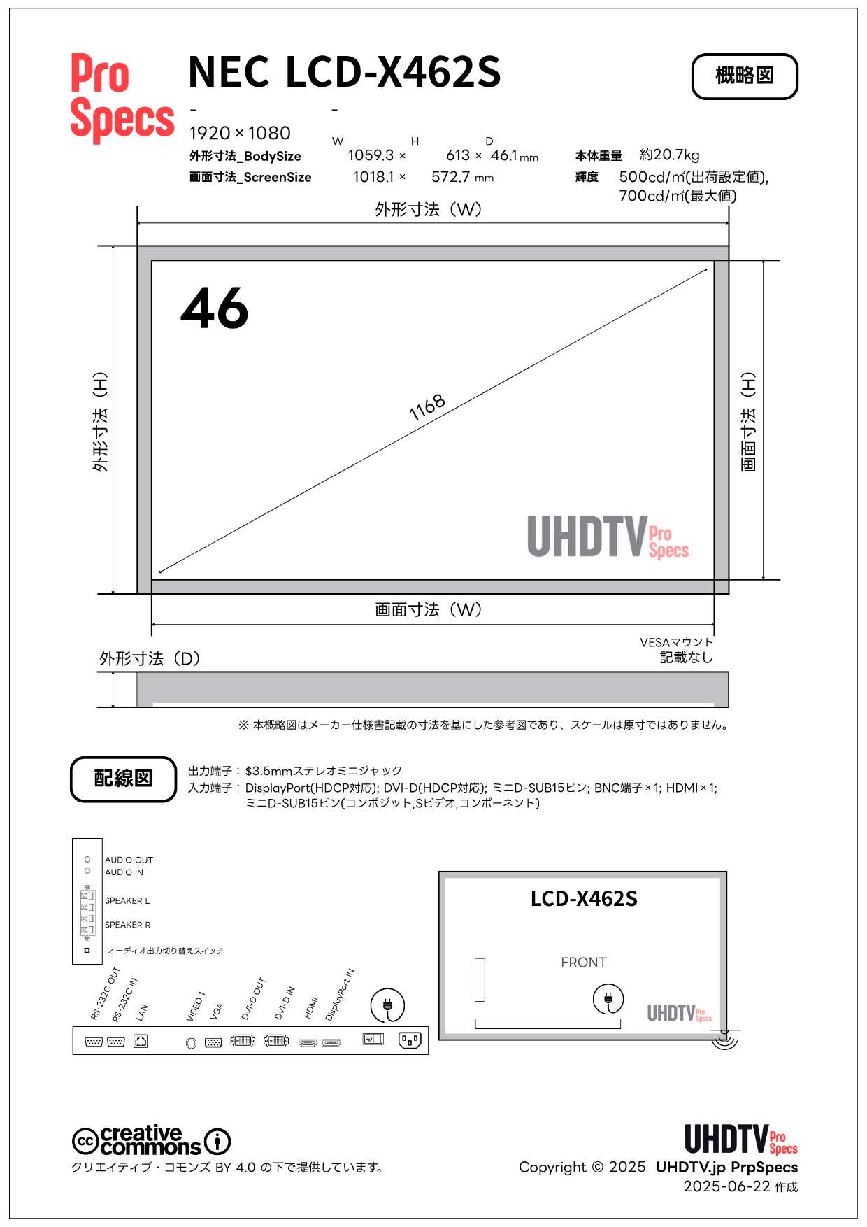 lcd - NEC LCD-X462S 仕様・概略図 - UHDTV ProSpecs