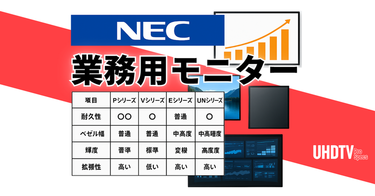NECの業務用ディスプレイ各シリーズの用途比較表と使用イメージ