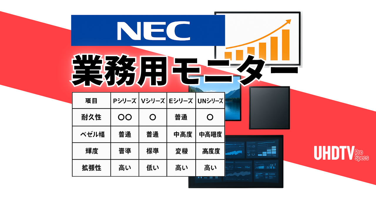 NECの業務用ディスプレイ各シリーズの用途比較表と使用イメージ