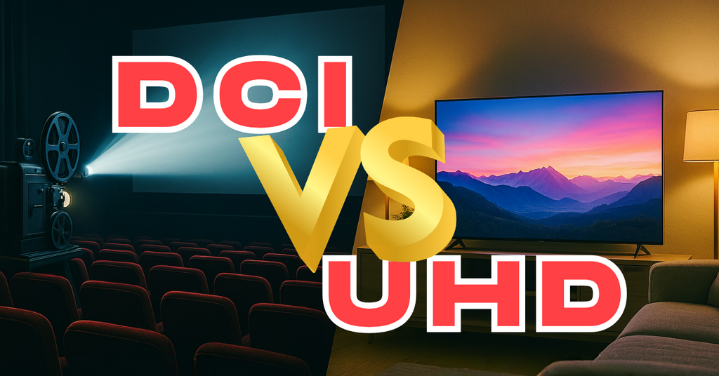「DCI VS UHD」の大きな文字が中央に重なり、左に上映中の映画館スクリーンとプロジェクター、右にリビングの4Kテレビを対比させた16:9画像
