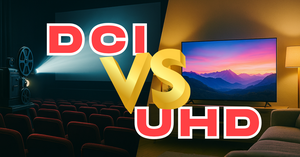 「DCI VS UHD」の大きな文字が中央に重なり、左に上映中の映画館スクリーンとプロジェクター、右にリビングの4Kテレビを対比させた16:9画像